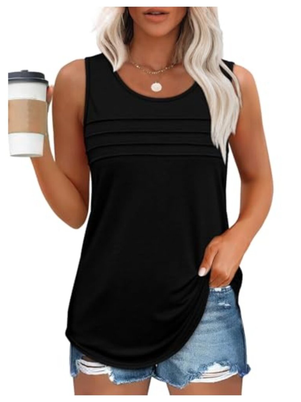 Womens Summer Tank Top Sleeveless Pleated Loose Fit Scoop Neck Casual Blouse